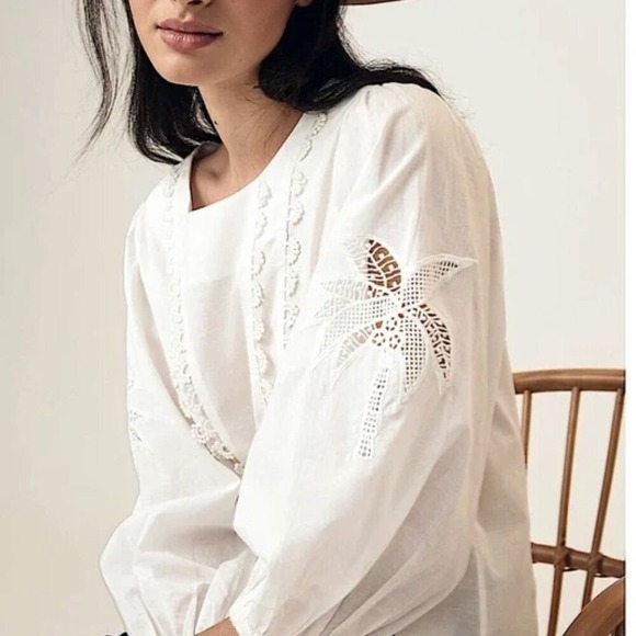 Farm Rio x Anthropologie White Cotton Puff Sleeve Scoop Neck Lace Top Size M - Picture 2 of 13
